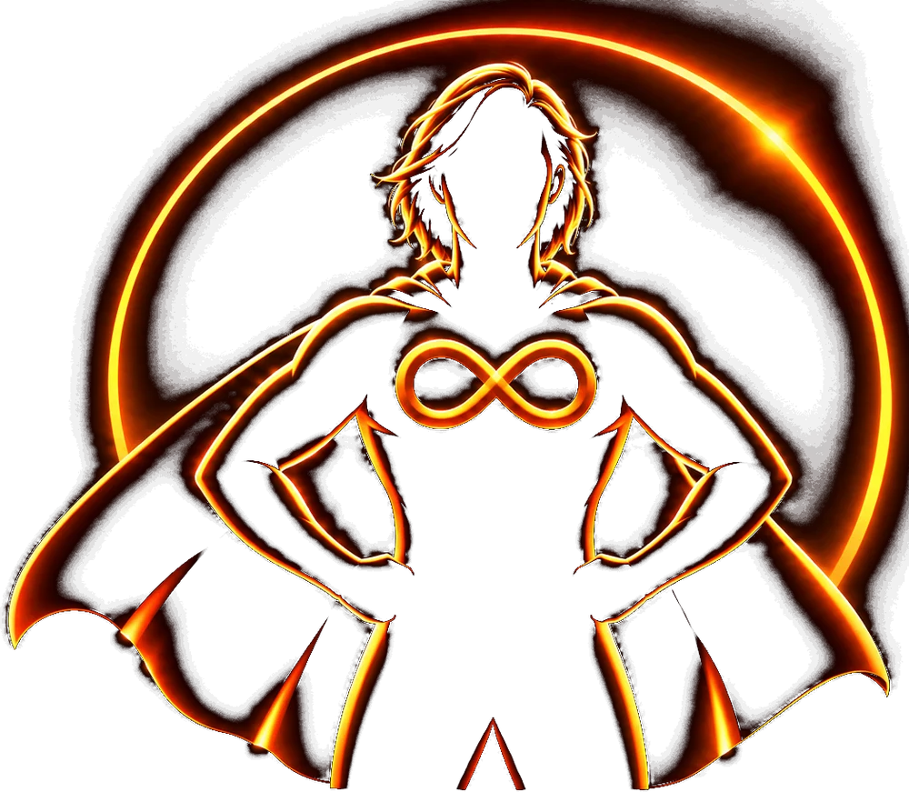 A caped figure with an infinity mark on the chest, outlined in orange light